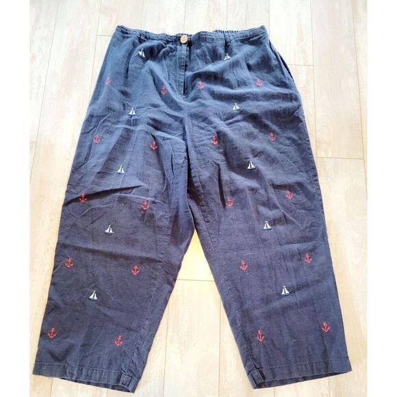 3 Hearts 1X Pants Wide Leg Linen Blend Navy Blue Zip Button Pckts Vintage Crop - Picture 2 of 6